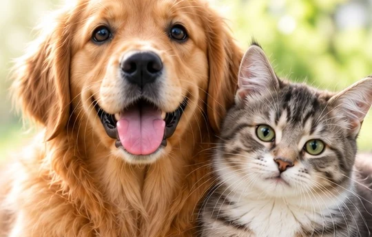 A golden retriever lying on the grass with a tabby cat beside it