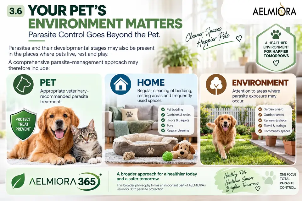 Infographic: Your pet&rsquo;s environment matters, summarising parasite control across the pet, the home and the wider environment. The same information is in the text on this page.