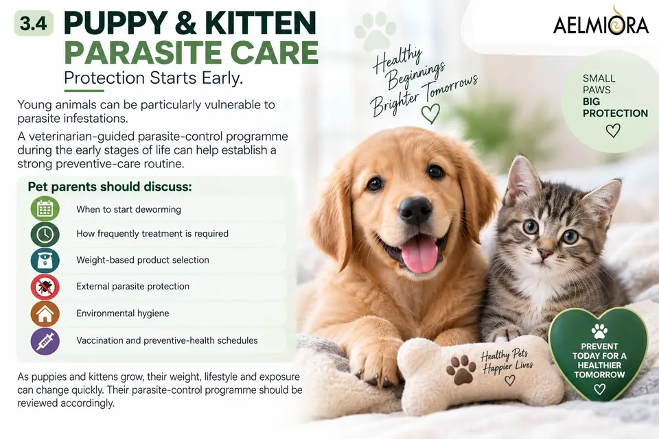 Infographic: Puppy & kitten parasite care, summarising six topics to discuss with your veterinarian for puppies and kittens. The same information is in the text on this page.
