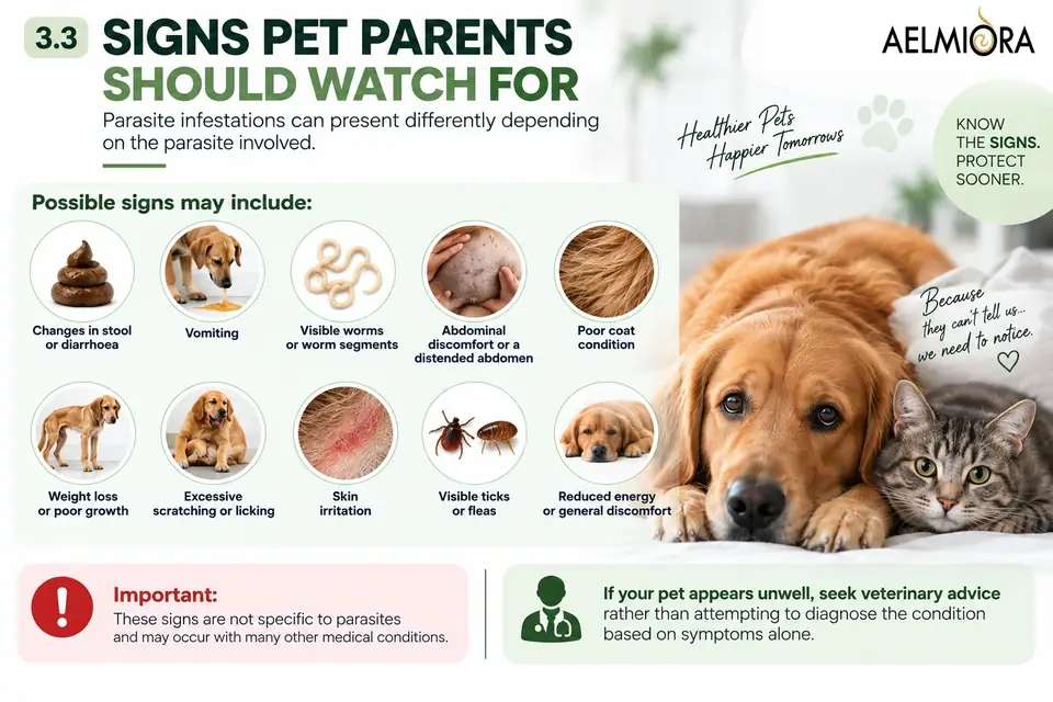 Infographic: Signs pet parents should watch for, summarising ten possible signs of parasites, with a reminder that these signs are not specific to parasites. The same information is in the text on this page.