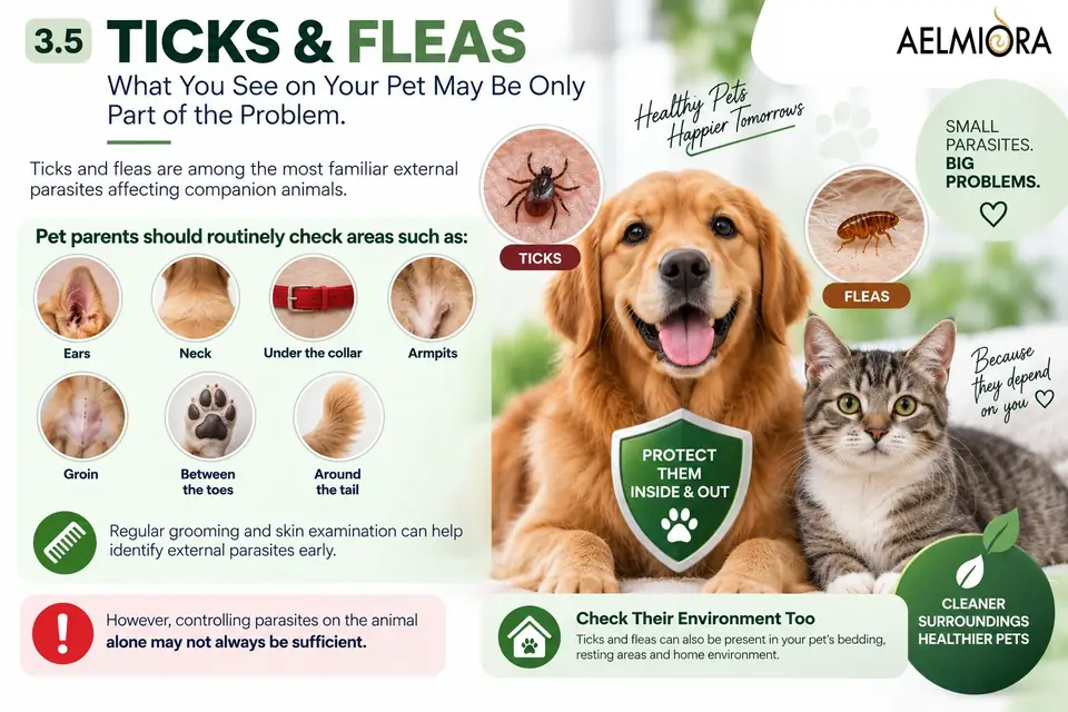 Infographic: Ticks & fleas, summarising the areas of a pet to check for ticks and fleas: ears, neck, under the collar, armpits, groin, between the toes and around the tail. The same information is in the text on this page.