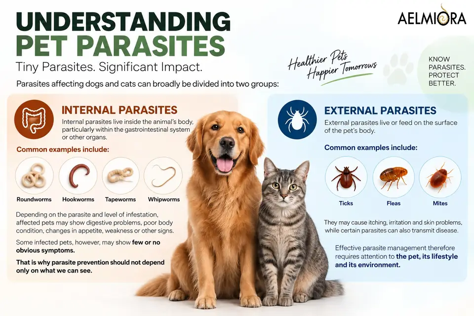 Infographic: Understanding pet parasites, summarising internal parasites (roundworms, hookworms, tapeworms, whipworms) and external parasites (ticks, fleas, mites). The same information is in the text on this page.