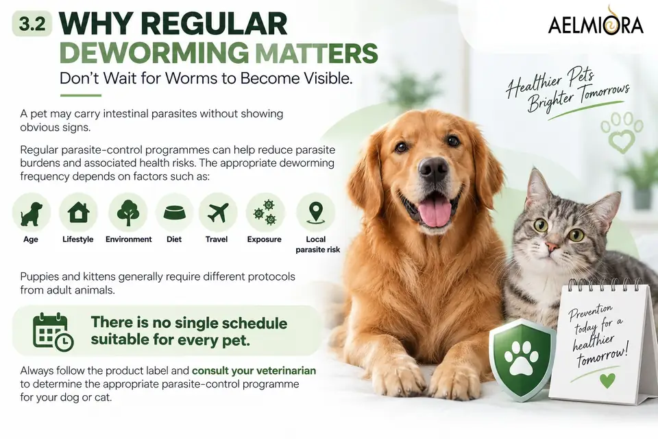 Infographic: Why regular deworming matters, summarising the factors that affect deworming frequency: age, lifestyle, environment, diet, travel, exposure and local parasite risk. The same information is in the text on this page.